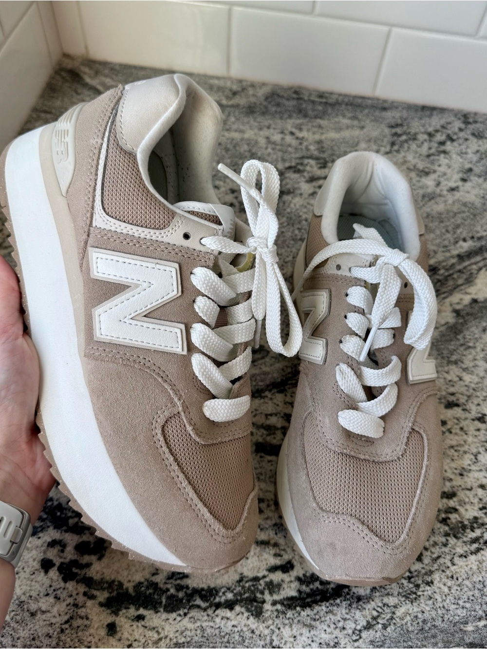 New Balance 574+ Platform Sneaker in Driftwood Timberwolf. VGUC.